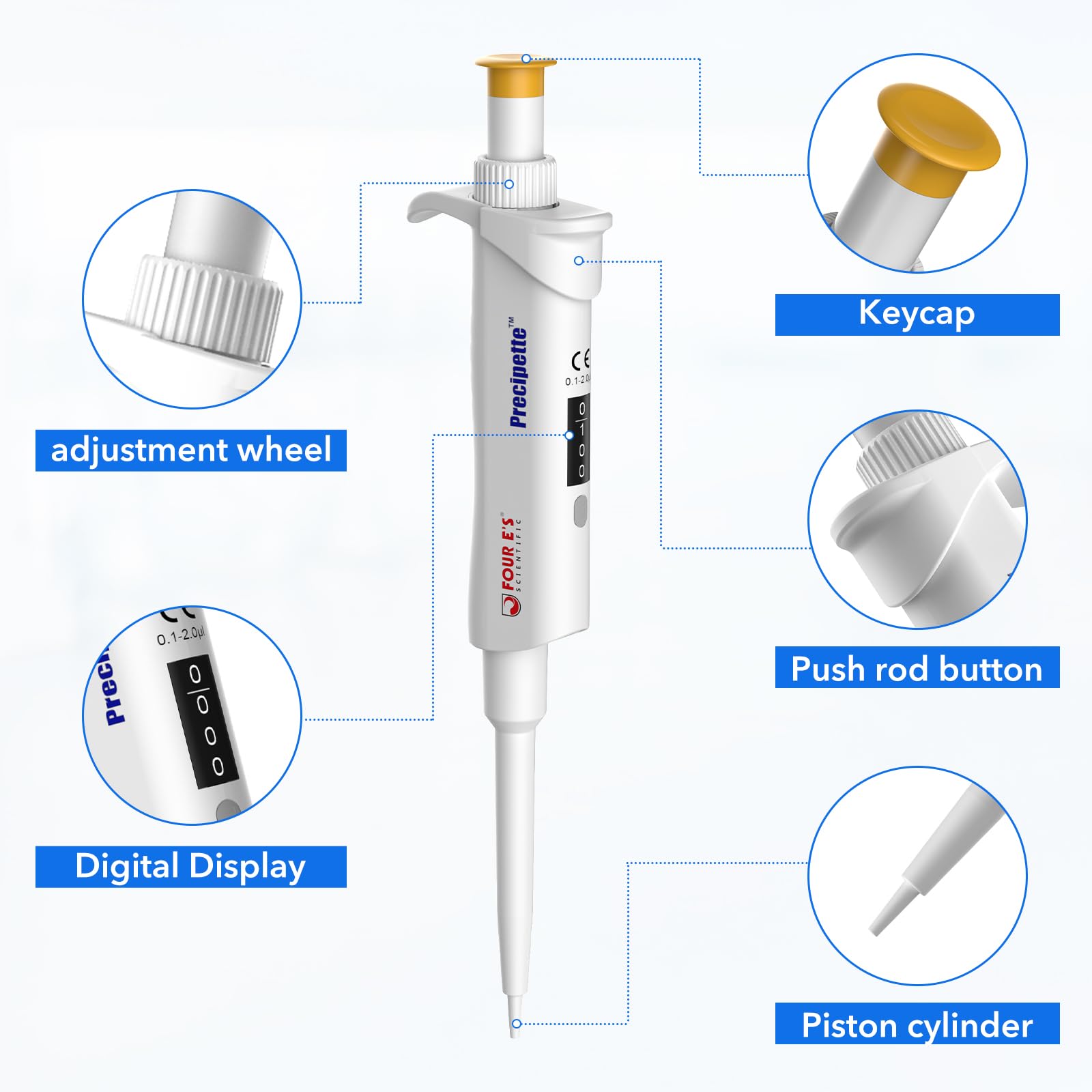 Pipeta de 0.1-2.0μl Micropipeta de laboratorio de un solo canal Pipeta de alta precisión Micro pipetas de volumen ajustable con porción inferior autoclavable