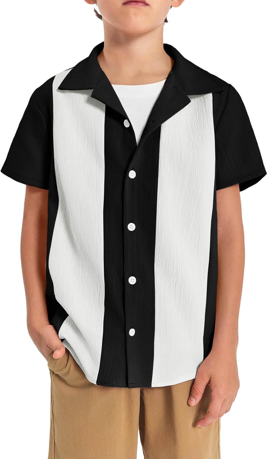 Haloumoning Boys Shirts Button Down Short Sleeve Shirt Striped Casual Summer Beach Shirts 5-14 Years 7-8 Years Black