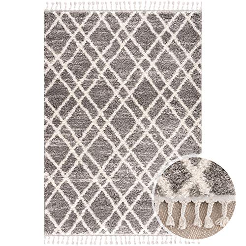 MyShop24 Teppich Wohnzimmer Shaggy - Grau Creme - 120x160cm - Deko Schlafzimmer Hochflor mit Fransen Flauschig - Raute Muster - Oeko Tex 100 Standard - Allergiker geeignet Cover