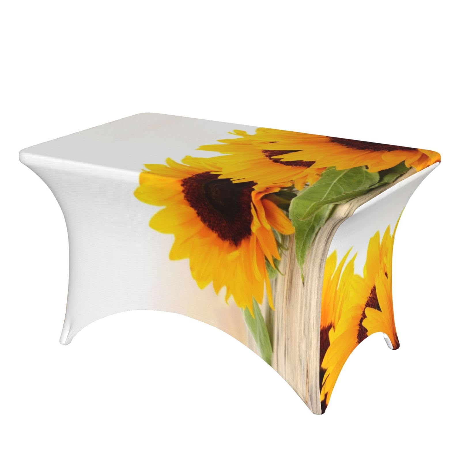 Dcehgew Sunflower On Wooden 4Ft Spandex Rectangular Table Cloth, Printed Fitted Elastic Tablecloths Washable Table Cover For Event, Wedding, Banquet & Party