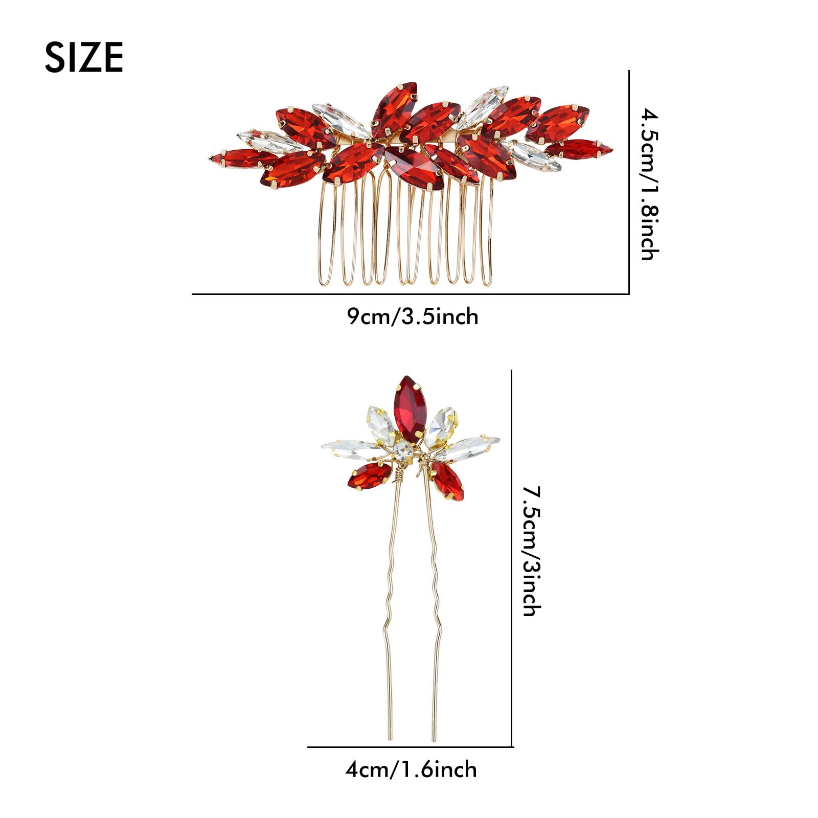Dizila 7 Pieces Decorative Red Party Prom Wedding Bridal Rhinestone Hair Side Comb+U-shaped Hair Pins Accessories for Women Girls Brides Bridesmaids - Image 2