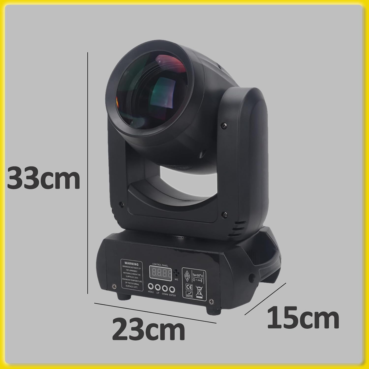 Detailed view of the YUERLT Mini LED Moving Headlight from various angles, showing the front, back, and side.