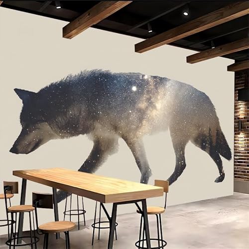 Sfondo Murale Xxl 300x210cm Lupo carta da parati tessuto non tessuto Foresta Stellata Decorazione 3D su tela pittorica, senza interruzioni, per la parete principale della casa