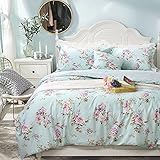 FADFAY Floral Duvet Cover Set 100% Cotton Shabby French Country Bedding Purple Hydrangea and Peony Print 3-Piece：1 Zipper Duvet Cover（No Comforter）, 2 Pillowcases(Blue, Queen)