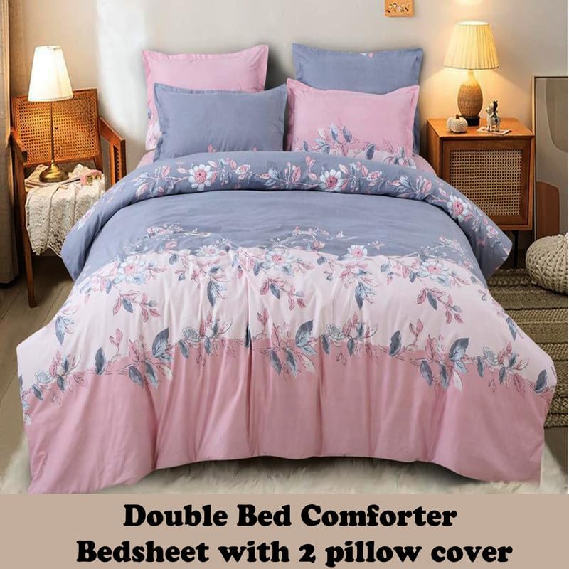 Image of Polycotton Printed 120 TC Comforter & Bedsheet Double Bed Bedding Set, Queen Size (90x100 inch), Pink & Blue, 4 Pieces