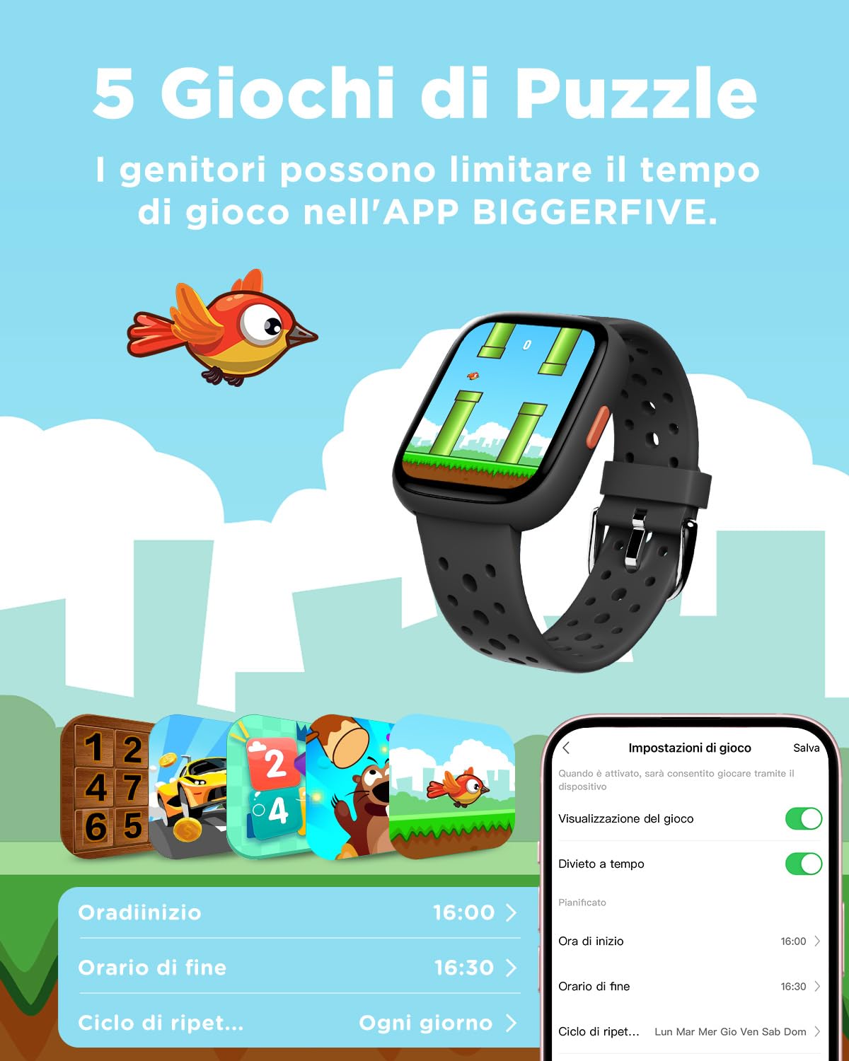 BIGGERFIVE Smartwatch Bambini Bambina Ado 5-16, 1,8" Fitness Tracker | Orologio Contapassi, Frequenza Cardiaca, Resistente all'Acqua IP68, Monitor del Sonno, Giochi Puzzle con/senza APP, Nero