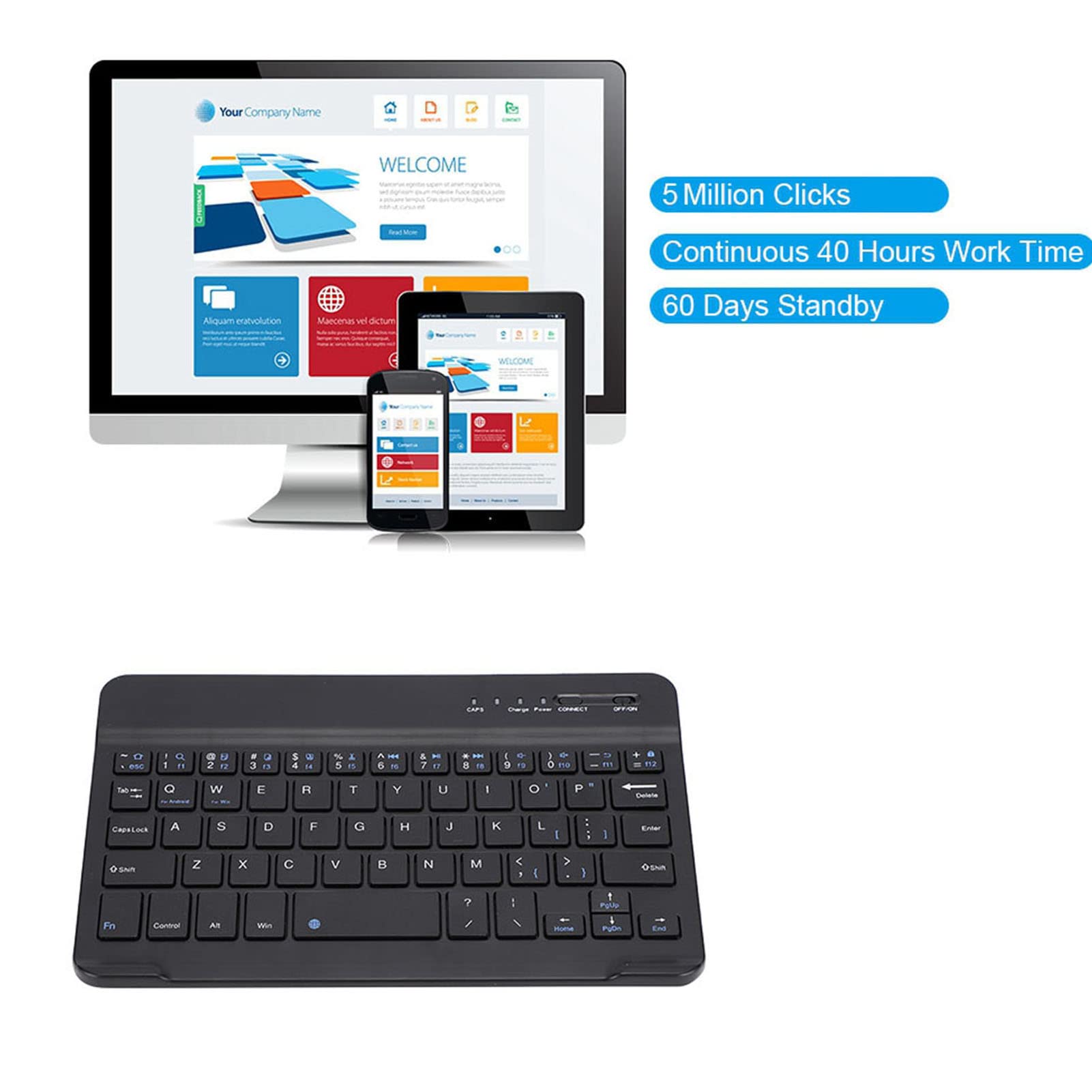 Slim Light Bezprzewodowa Klawiatura dla Androida IOS WIN Czarna z przenośną i ultracienką konstrukcją, Kompatybilna ze Smartfonem, Tabletem, Laptopem i Komputerem Stacjonarnym