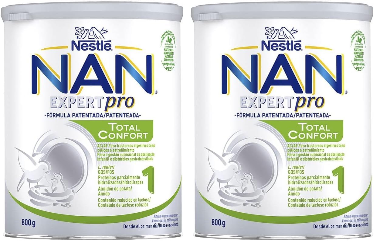Nestlé NAN TOTAL CONFORT 1 - Leche especial para bebés con trastornos digestivos leves tales como cólicos o estreñimientos - bote de 800g (Paquete de 2)