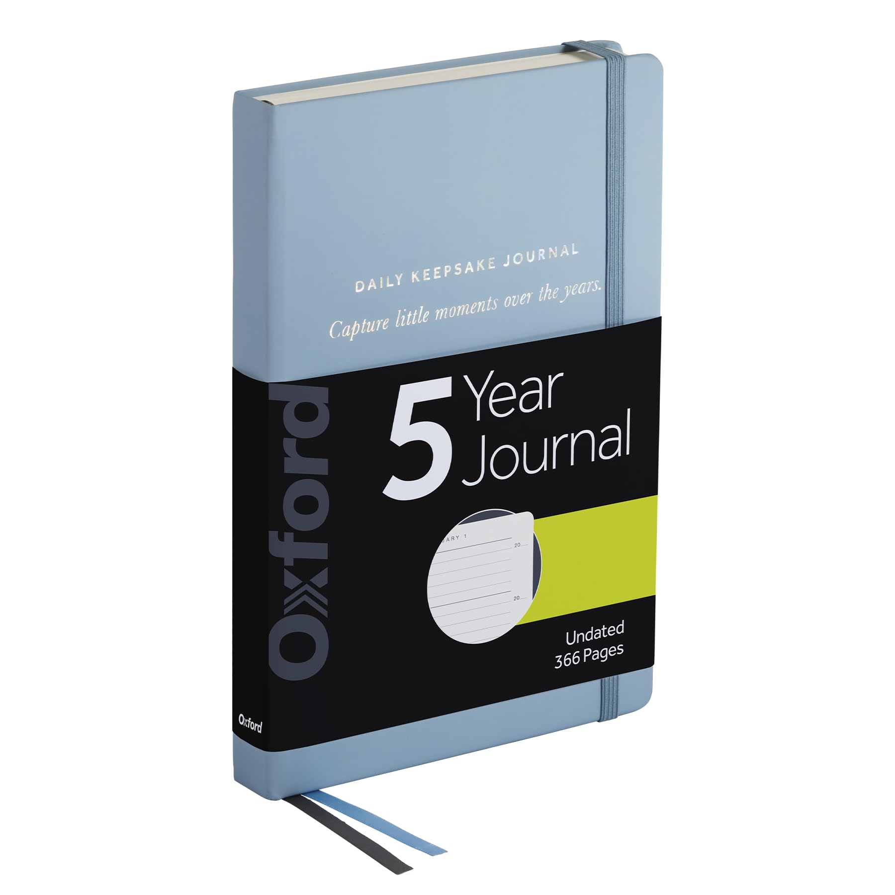 Oxford One Line a Day 5 Year Journal, Daily Keepsake Memory Book with Undated Entries, 366 Pages, 5.6” x 8.3”, Pale Blue Hardcover, Ribbon Markers and