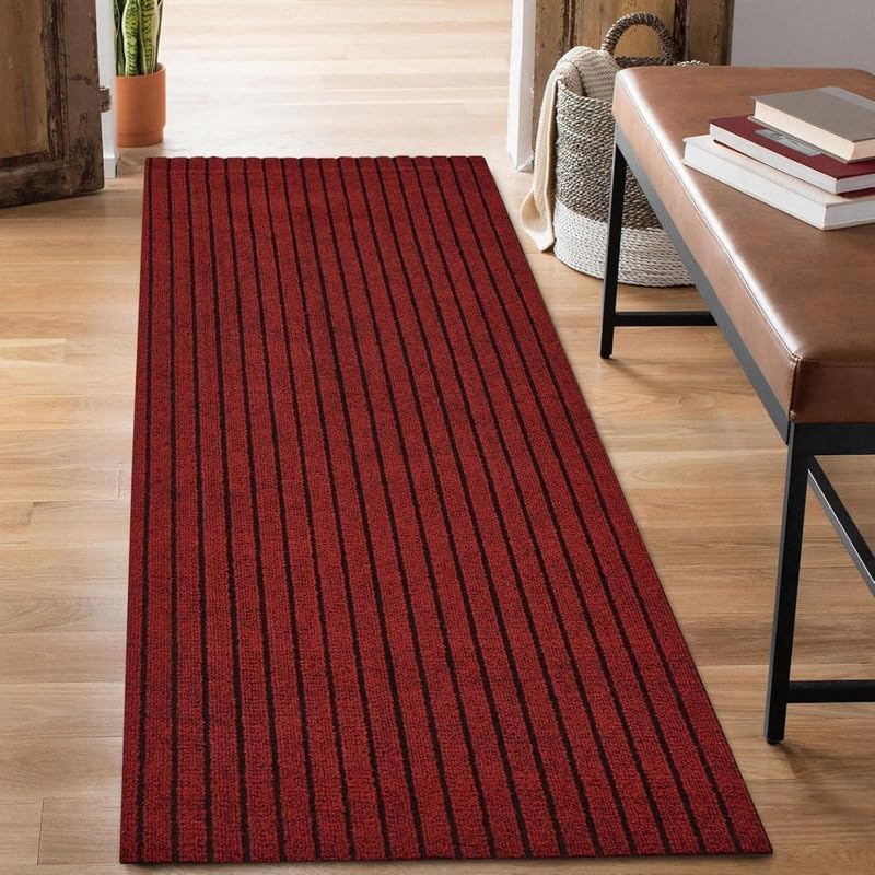 Image of TIB Anti-Slip Door Mat with PVC Rubber Backing, Water & Stain Resistant Striped Floor Mat for Home Entrance, Bathroom & Kitchen, Durable Non-Woven Surface,Easy Clean Doormat,2x19ft,Red
