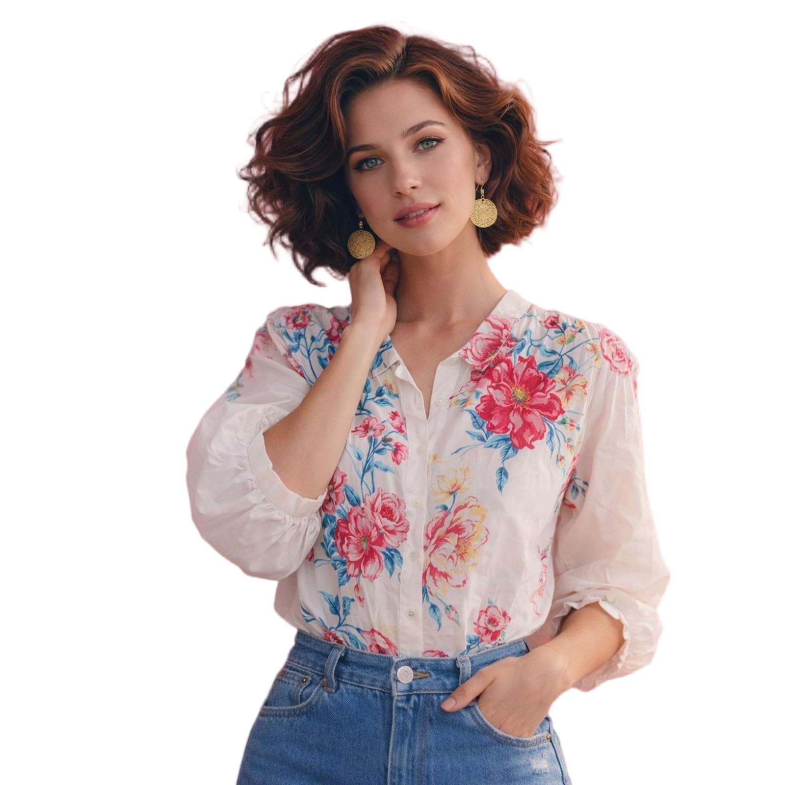 JCVBN - Camicia da donna vintage con maniche a sbuffo floreale, estiva, con colletto e maniche a sbuffo, stampa floreale, bottoni, colletto, vestibilità comoda, estate, poliestere