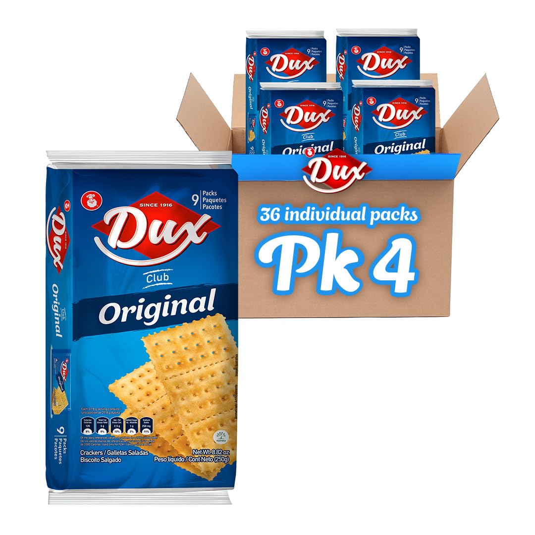 Dux, Original Crackers, Salty & Crunchy, Enjoy Anytime, 8.82 Ounce, 1 Box contains 4 Bags, each with 9 Individual Packs and every pack includes 3 Crackers, totaling 36 crackers per box.