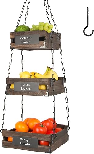 J JACKCUBE DESIGN Cesta de frutas colgante de madera rústica de 3 niveles, organizador de almacenamiento de frutas de cocina, organizador de