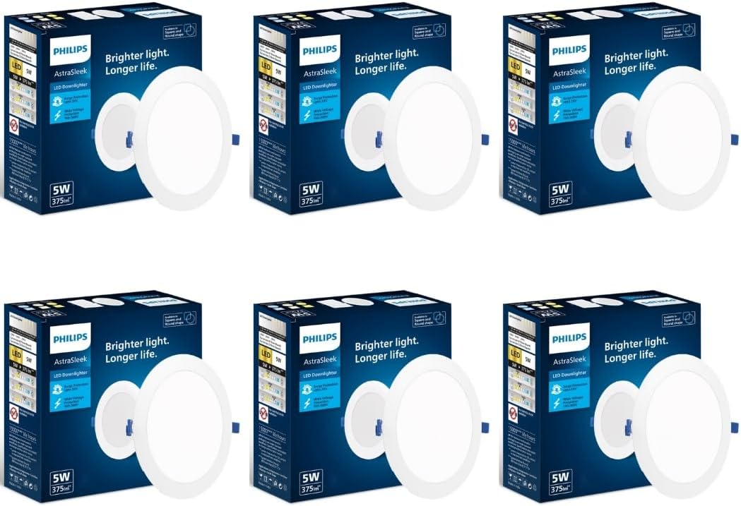 Philips Polycarbonate Astra Sleek 5-watt Round LED Downlighter|LED Ceiling Light for Home and Hall|Cut Out: 75 mm, Color: Cool Day Light, Pack of 6