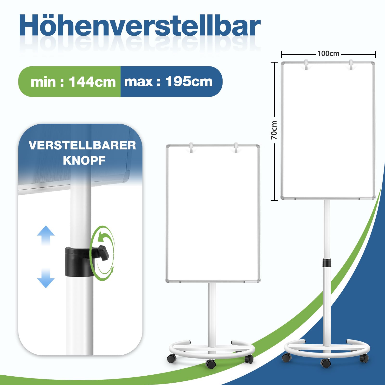 Lavagna bianca mobile, 70 x 100 cm, lavagna magnetica con supporto, lavagna a fogli mobili regolabile in altezza, Dry Erase Standing White Board per ufficio, lezioni