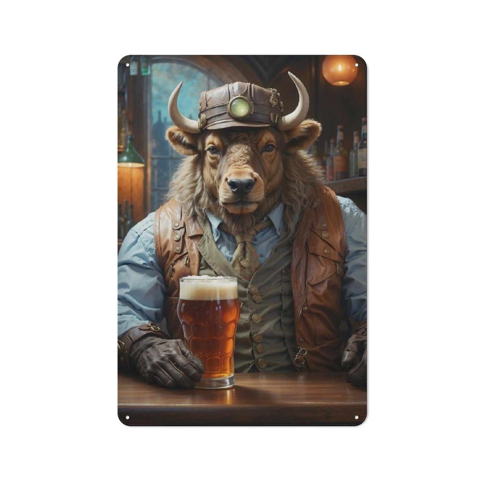 Decorative Tin Sign with Steampunk Beer Buffalo Design 30x20cm, Classic Old Style Wall Plaque for Living Room, Hallway, Kitchen Or Cafe