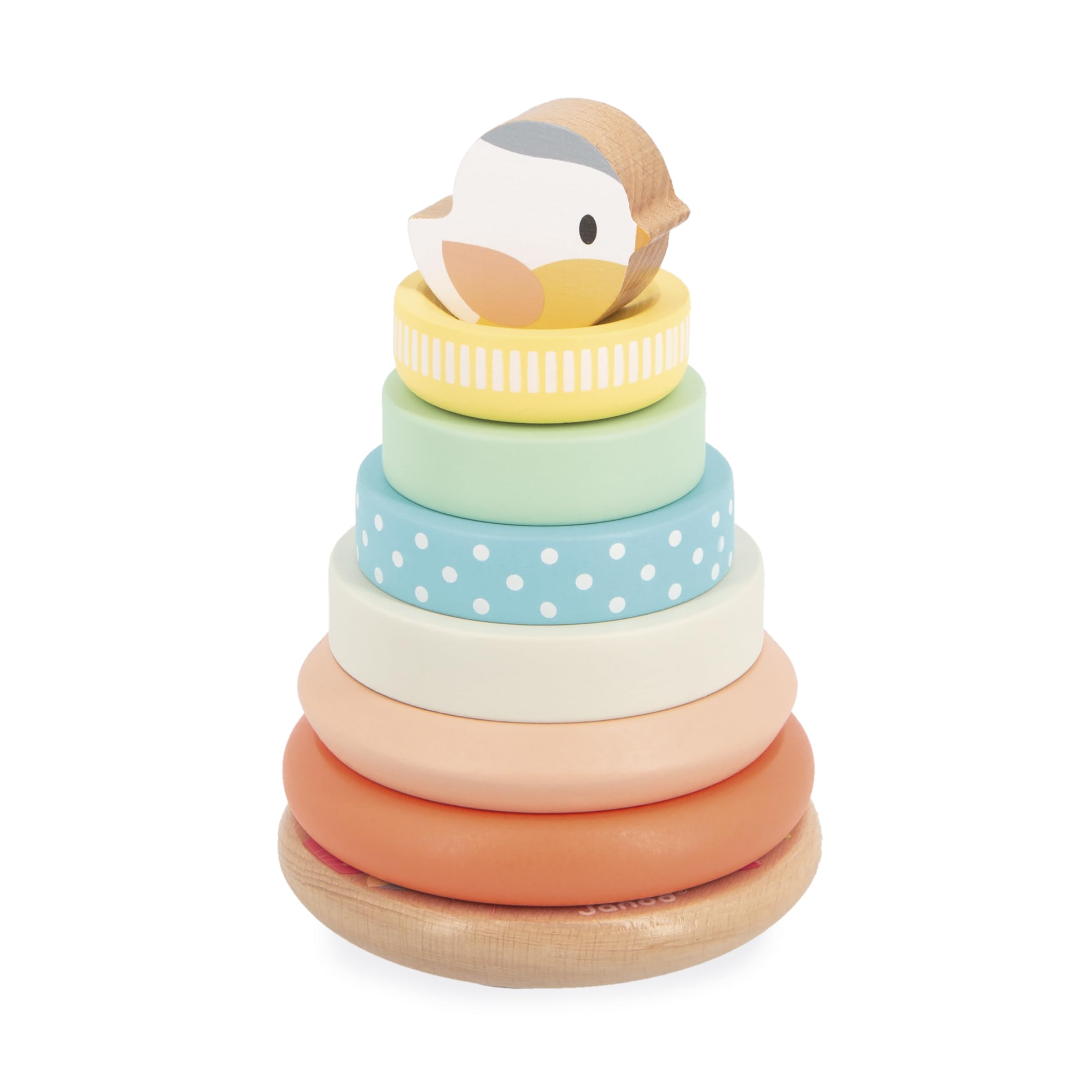 Janod - Stackable Wooden Culbuto Bird - Wooden Early Learning Toy - 7 Pieces To Stack - Stacking Tower - Moving Base - Baby Toy From 1 Year - J05145