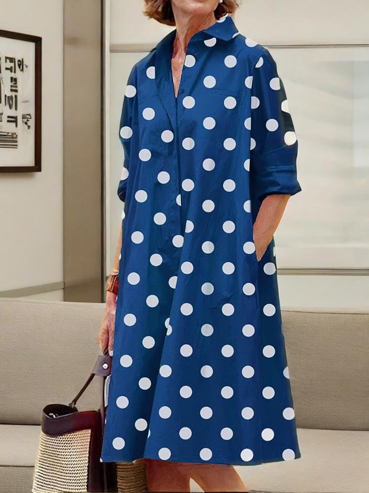 Womens 2025 Long Sleeve Button Down Shirt Summer Dress Casual V Neck Loose Fit Midi Shirt Dresses with Pockets - Image 3