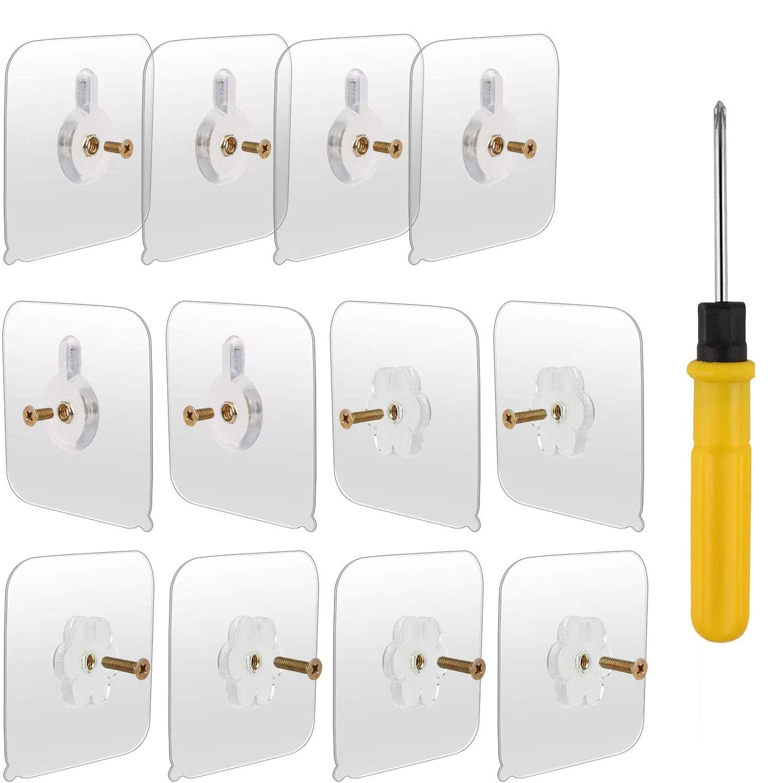 12-Set Adhesive Screws Wall Mount Hanging Nails No-Trace No Drilling Stick-on Sticky Screw with Screwdriver for Bathroom Kitchen Storage Room Tile Wall Shower Room