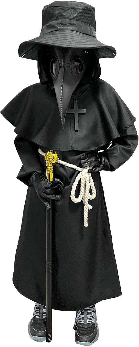 Costume Halloween Bambino Medico Della Peste,Vestito Halloween Bambino Con Bastone Classico,Cintura,Collana Con Croce, Maschera In Pelle E Berretto - Costumi Halloween Bambini