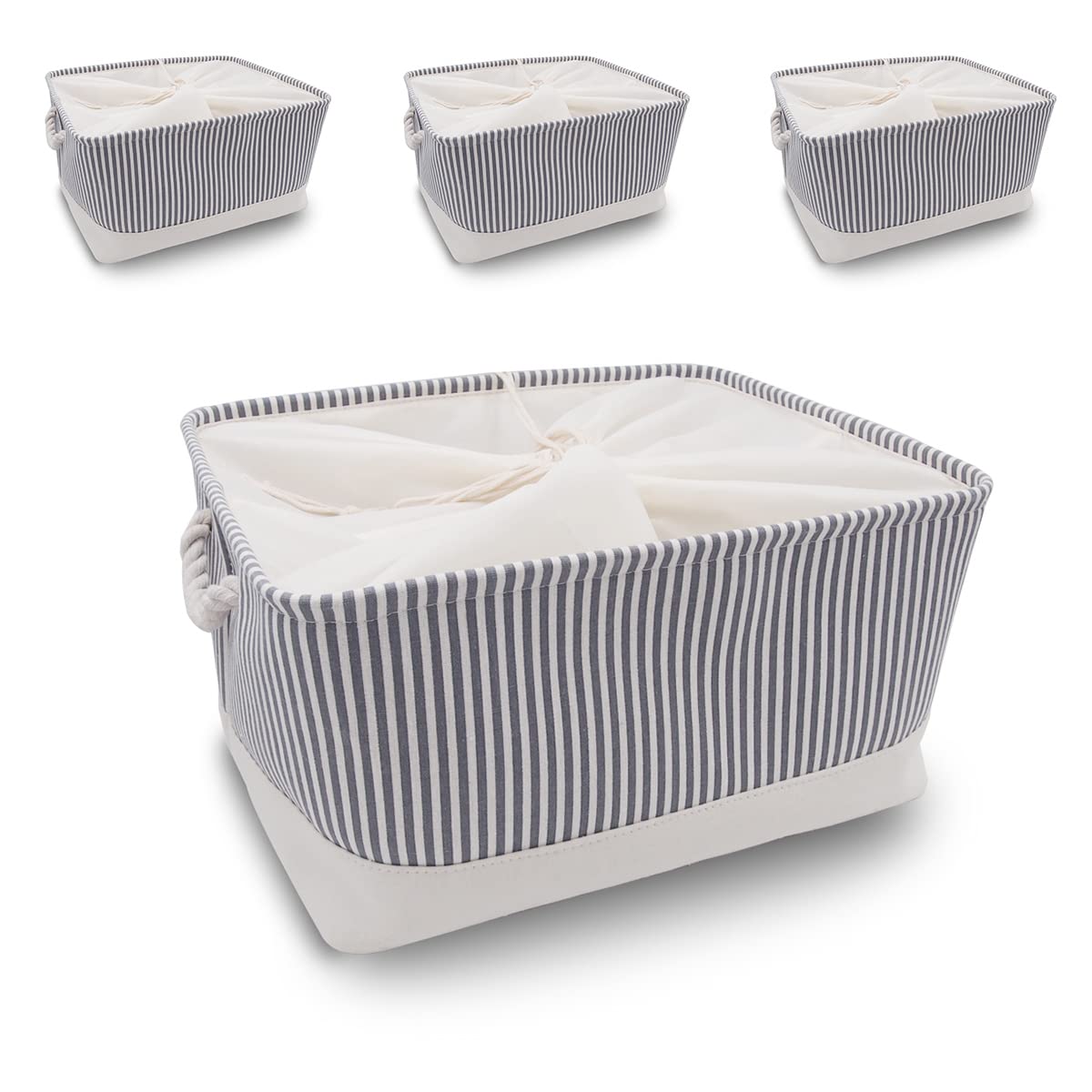 Mangata Jumbo Fabric Storage Boxes, Multi-Size, Linen Organiser Baskets for Shelves - 4 Pack, 50x40x30 cm(Grey Stripe, XXL)