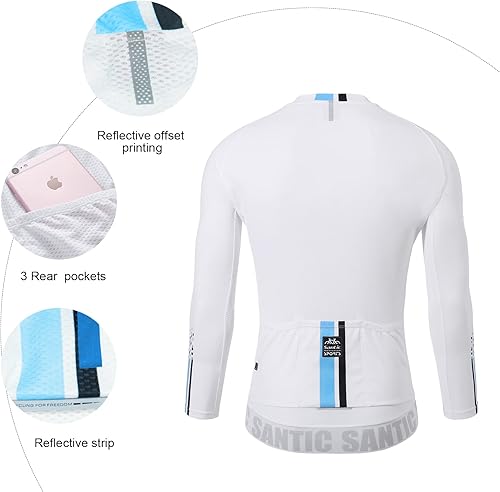 Miniatura 6 de Santic - Camiseta de ciclismo para hombre, manga larga, reflejante, cremallera completa, con bolsillos