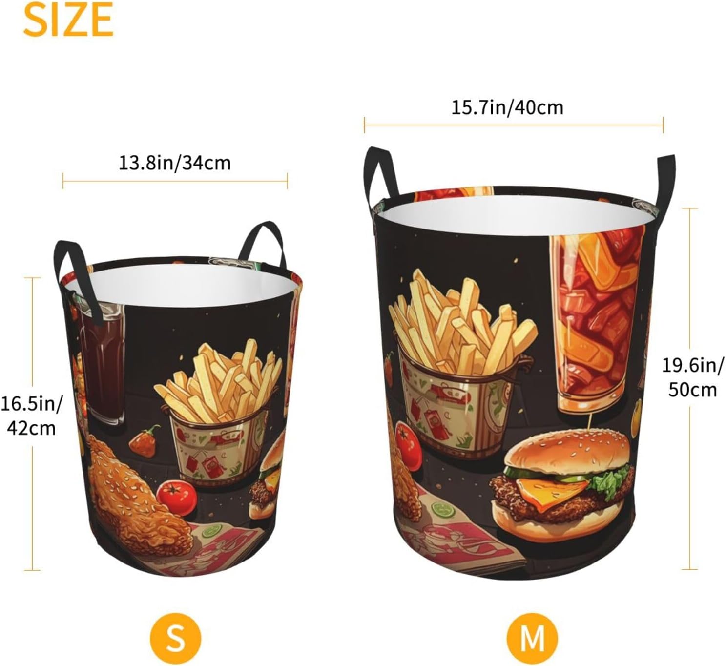 Chicken leg burger drink Laundry Basket With Handles, Foldable Laundry Hamper Oxford Cloth Dirty Clothes Basket Waterproof Clothes Toys Storage Bin Organizer for Bedroom Bathroom Dorm