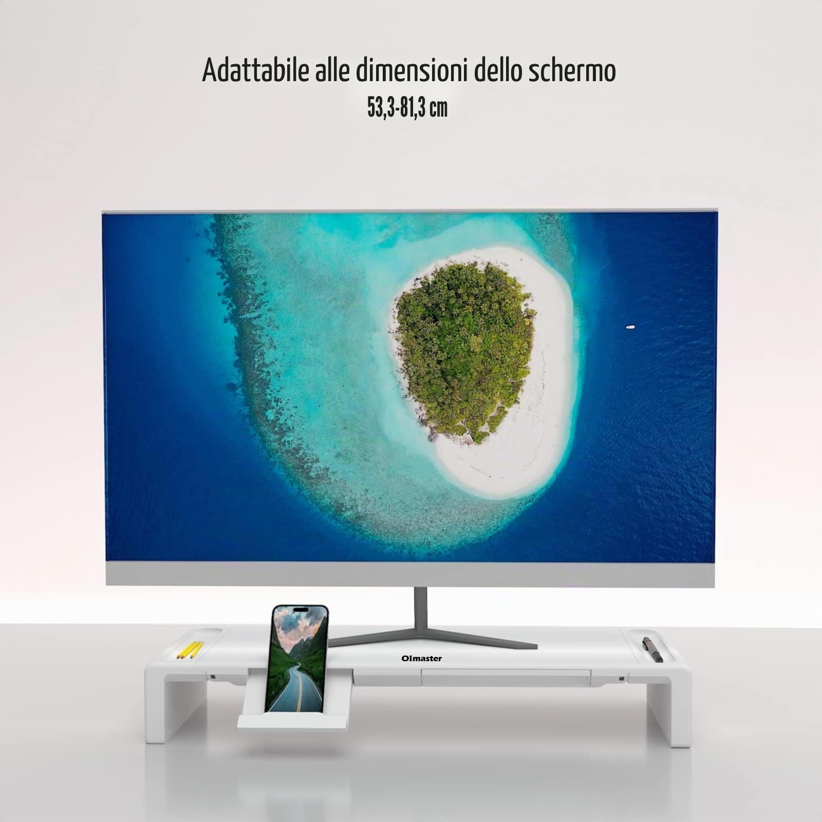 OImaster Supporto per monitor pieghevole, lunghezza regolabile, cassetto portaoggetti e portapenne, compatibile con computer, desktop, laptop, risparmiare spazio (bianco)