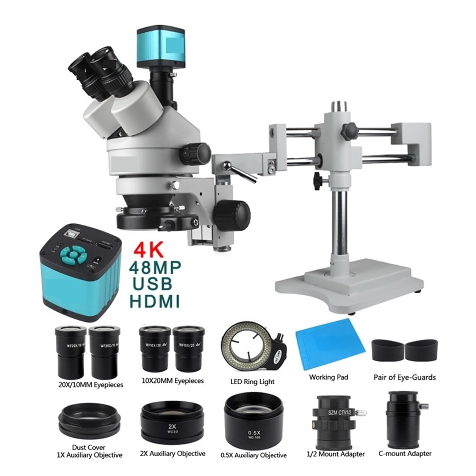 Digital Microscope 3.5X 90X 180X Simul-Focal Double Boom Stand