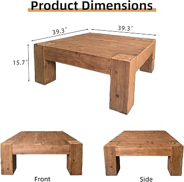 Rustic Wooden Coffee Table for Living Room, Big Square Coffee Table