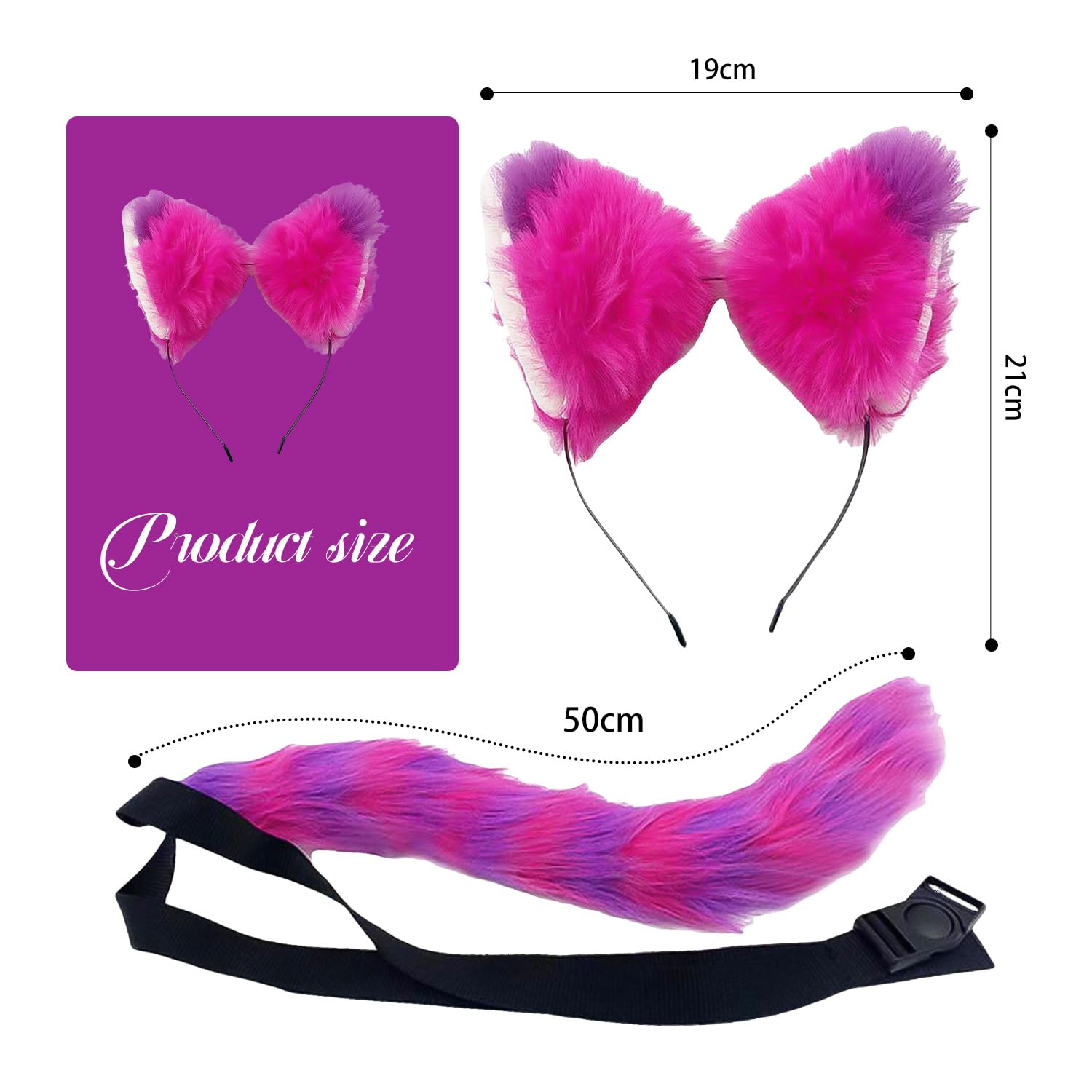 Nereds 2pcs Pink and Purple Striped Cat Costume Cat Ears Hair Headband Furry Tail for Adults Cosplay Party Accessories Supplies - Image 2