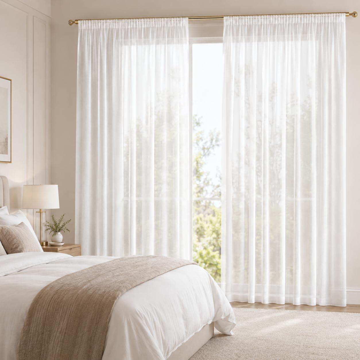 Generisch Weiße Voile-Gardine mit Kräuselband und Bleibandabschluss, Halbtransparenter Fertigstore, Lichtdurchlässiger Tüllvorhang für Wohnzimmer, Schlafzimmer und Küche (HxB 245x300 cm)