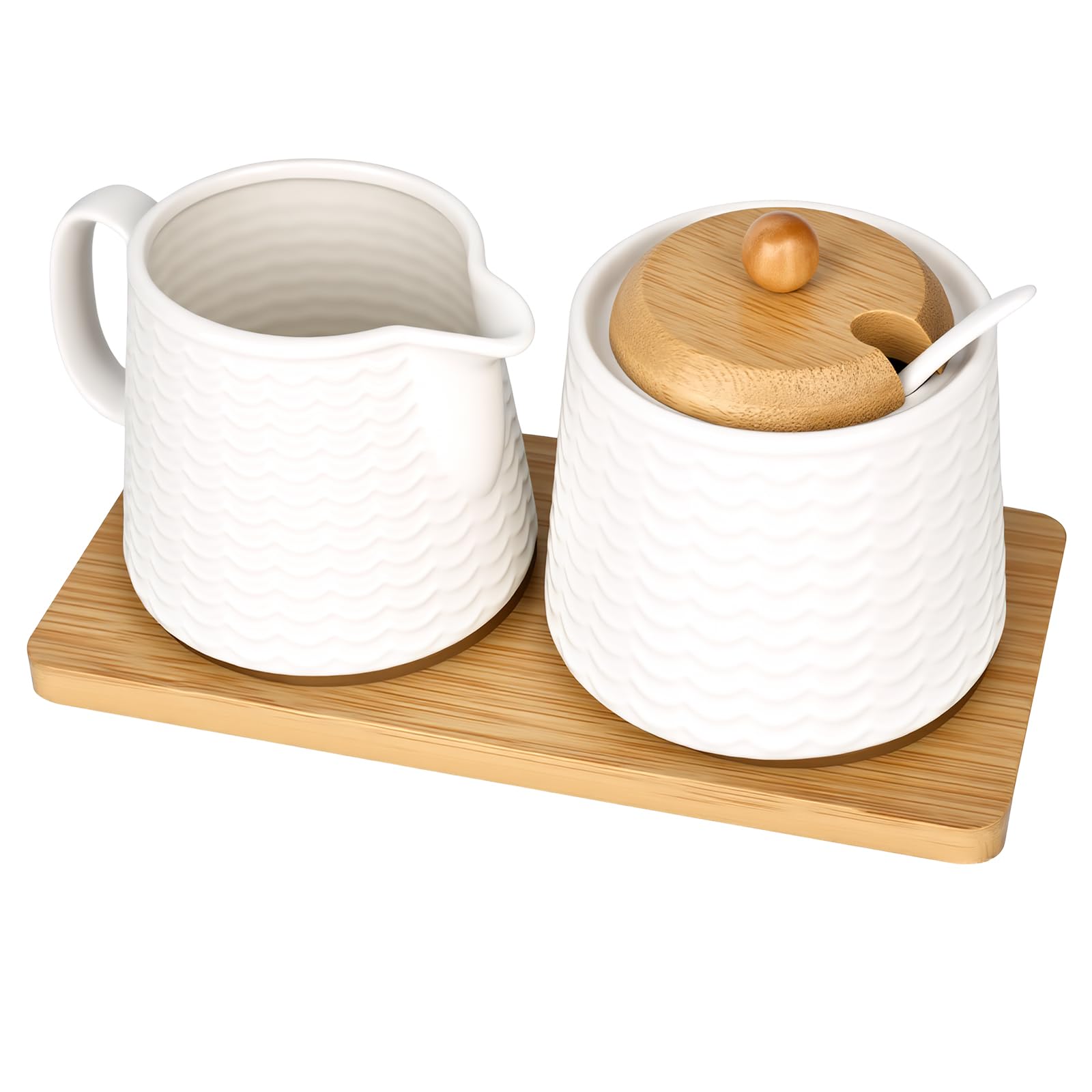 Set per latte e zucchero con coperchio e cucchiaio, bricco per latte in ceramica bianca e zuccheriera con vassoio in legno, lavabile in lavastoviglie e adatto al microonde