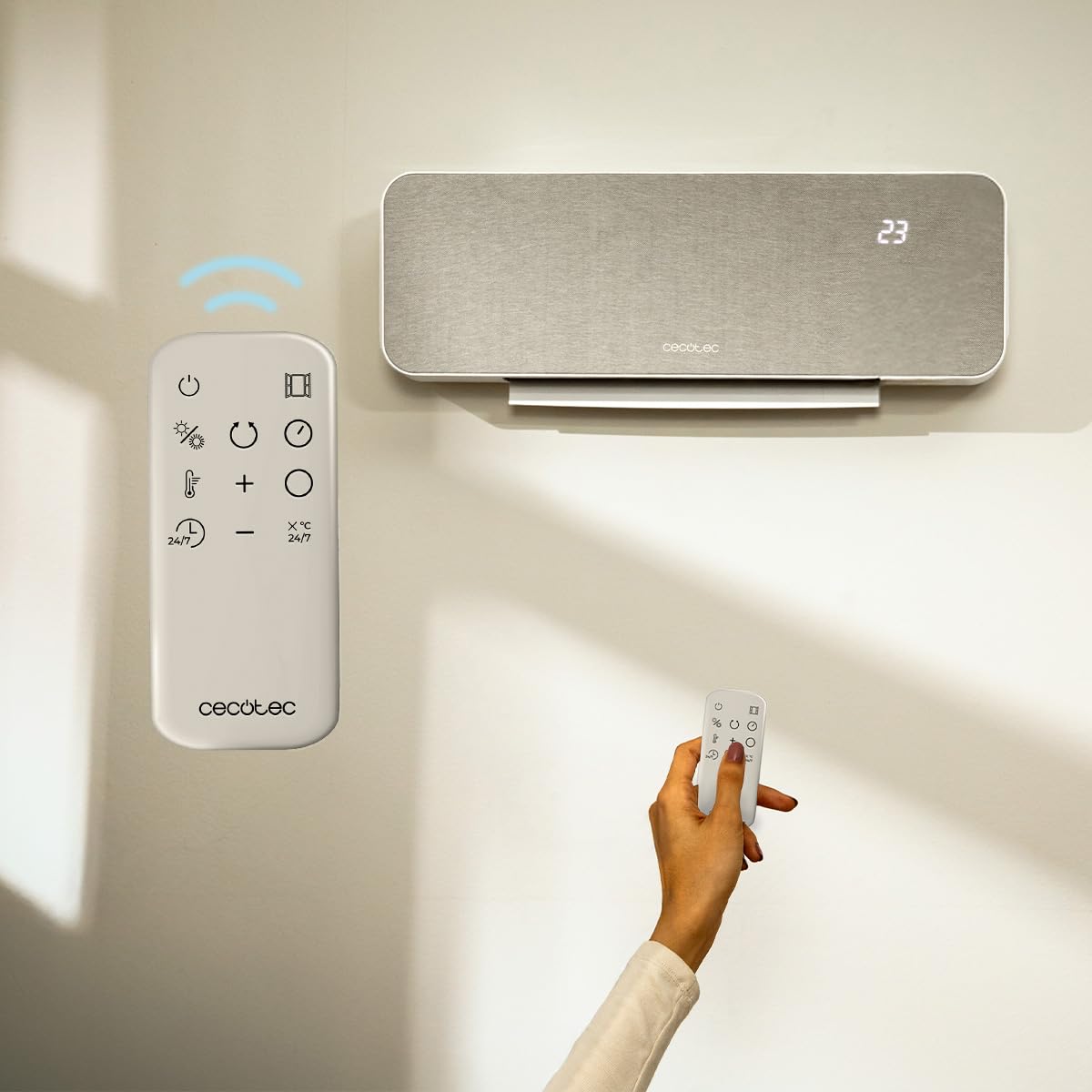 Cecotec Chauffage Céramique Mural ReadyWarm 3000 Textile. 2000W, 3 Modes, Oscillation, LED, Télécommande, Minuteur, Sécurité, Design Tissu Moderne, Couverture 20m², Chaleur Uniforme