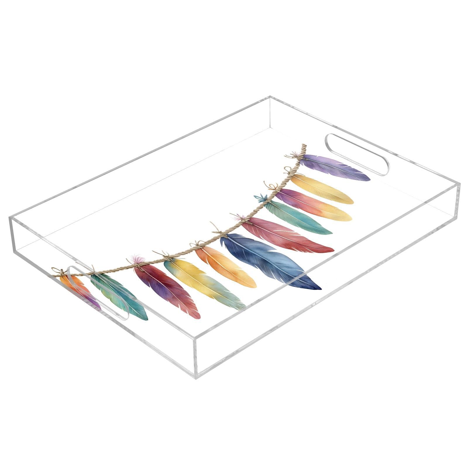 BOESI Watercolor Colorful Feather Pattern Acrylic Decorative Dining Tray, Acrylic Decorative Tray Organizer with Handle for Kitchen, Dining Room, Bathroom, Dresser