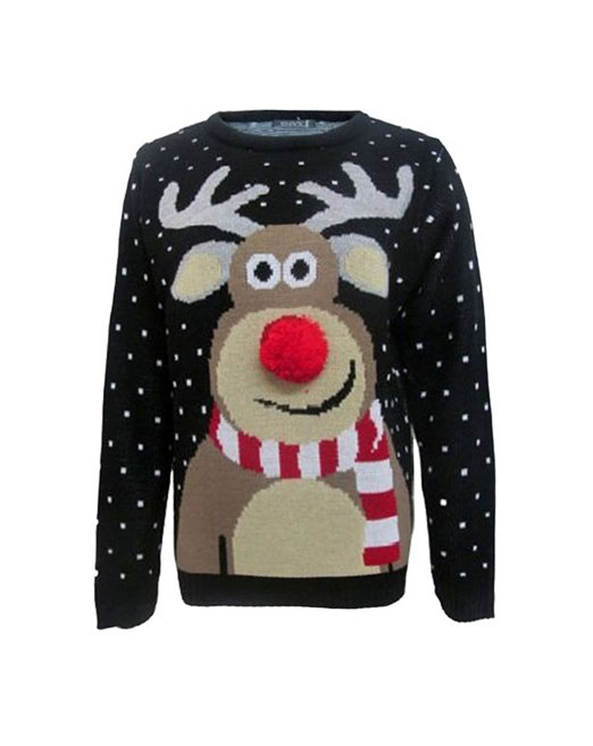 GirlzWalk Unisex Girls Boys Rudolph Knitted Pom Pom Xmas Jumper Black 9-10