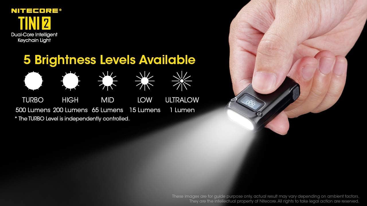 EdisonBright Nitecore TINI2 Grey 500 Lumen USB Rechargeable LED Keychain Light Brand Charging Adapter (Grey)