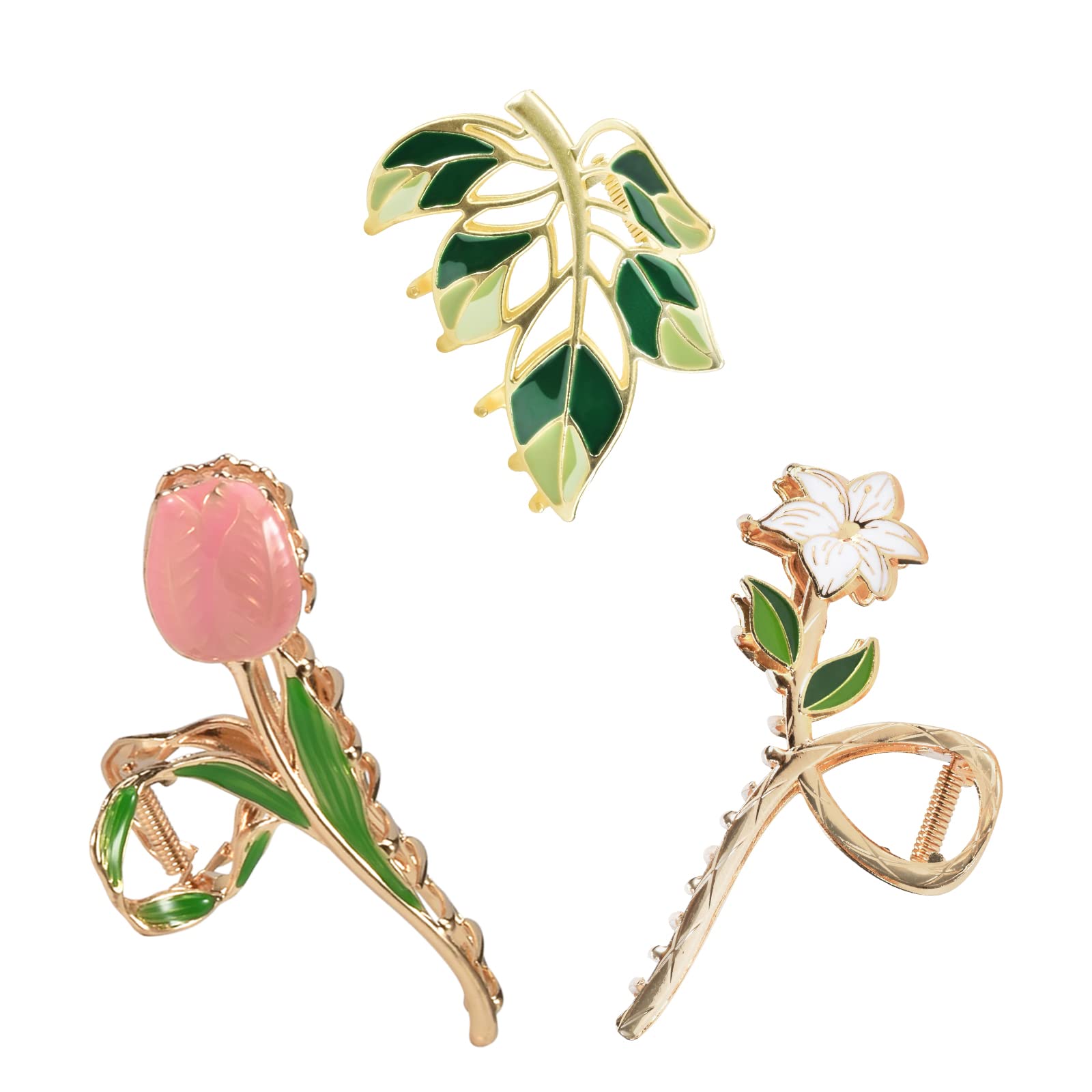 Yonchic 3-Piece Flower Metal Hair Accessories: Pink Tulip Floral Hair Claw, Elegant Lily Barrettes, Cute Leaves Hair Clips for Thin/Medium Thick Hair