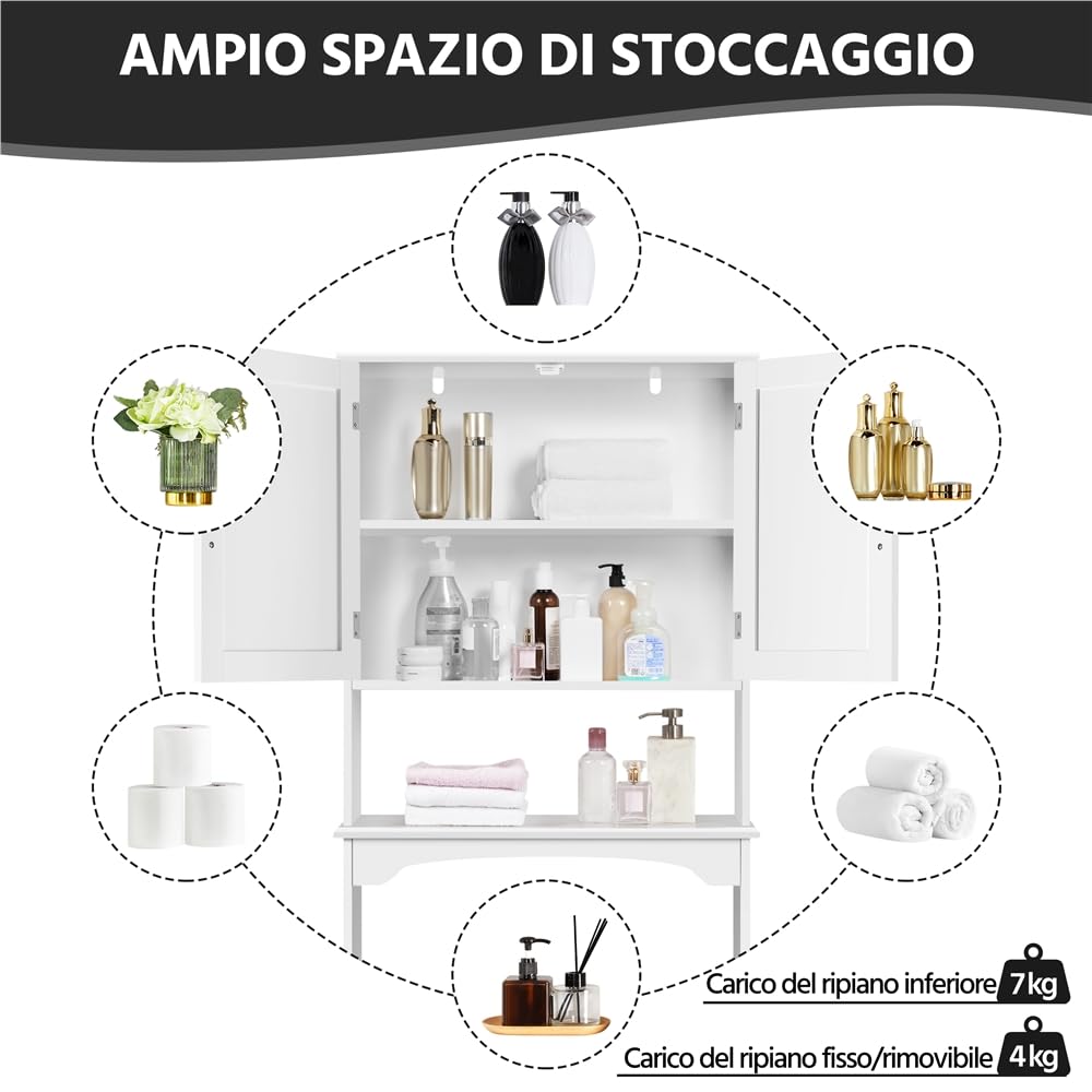 Yaheetech Mobile per Lavatrice Mobiletto da Terra sopra WC Scaffale sopra Toilette con Ripiano e Ante Organizzatore Bagno Design Moderno 75 x 23 x 180 cm
