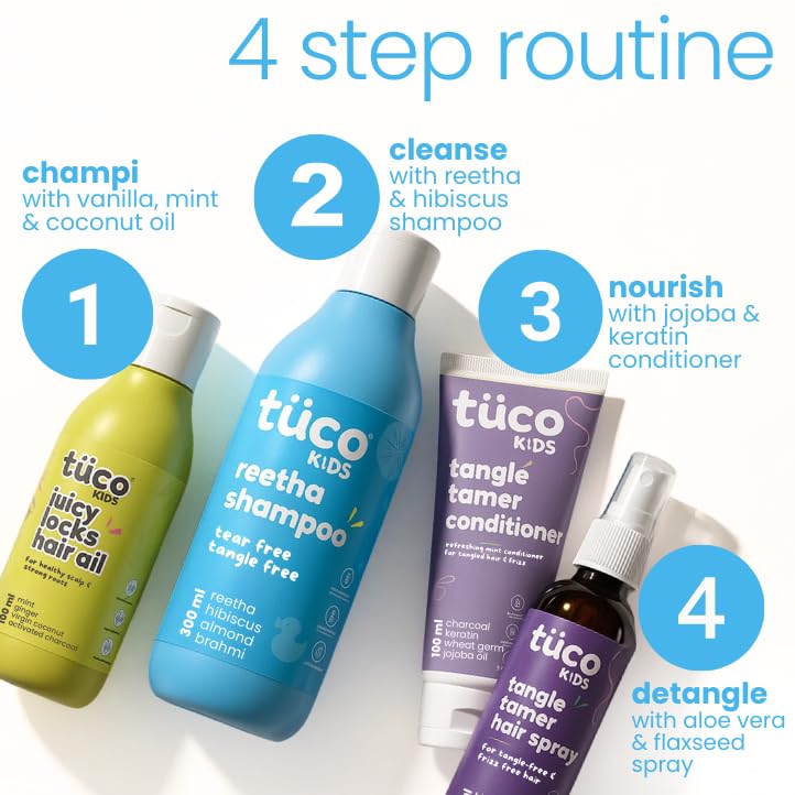 Image of Tuco Kids Haircare Kit for Kids | 4 in 1 Combo | Gentle & Conditioning Shampoo 300ml | Conditioner 100ml | Hair Oil 100ml | Tangle Tamer Spray | SLS & Paraben Free