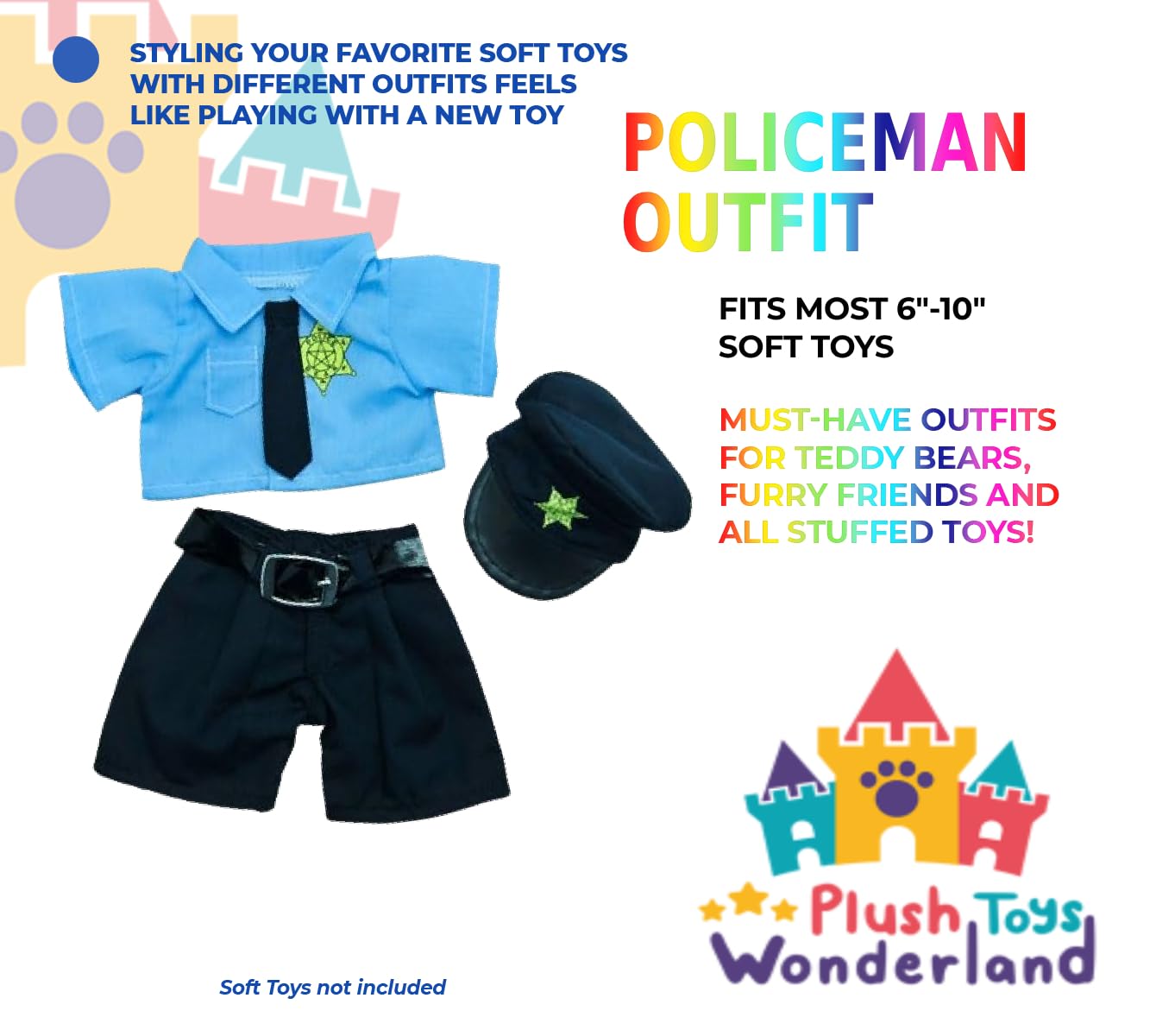 Plush Toy Police Officer Costume - Fits 6"-10" Stuffed Animals, Teddy Bear Outfit Gift for Kids - Image 2