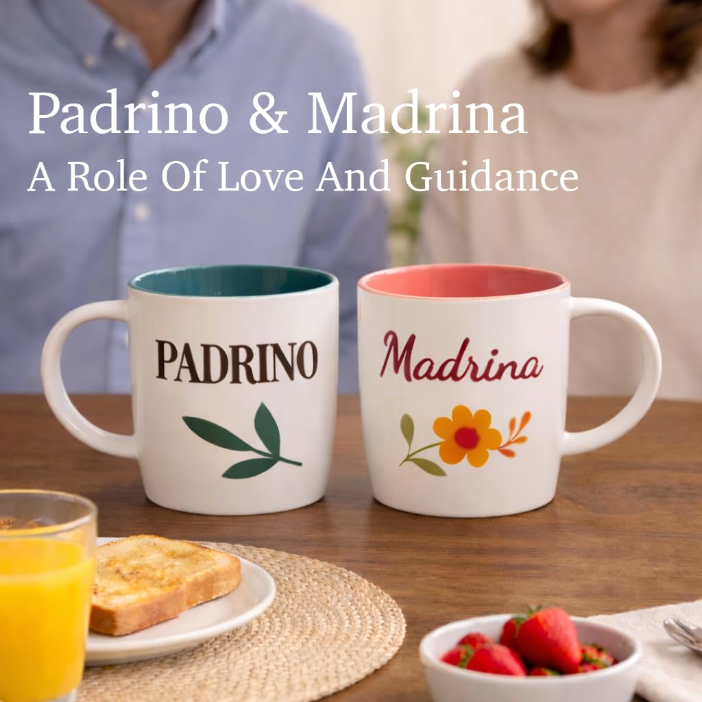 Triple Gifffted Padrino and Madrina Coffee Mugs Set, Godparents Gifts for Baptism or Christening, Proposal Gift Asking Godfather Godmother, Religious Keepsake, Christmas Day, 13oz Ceramic
