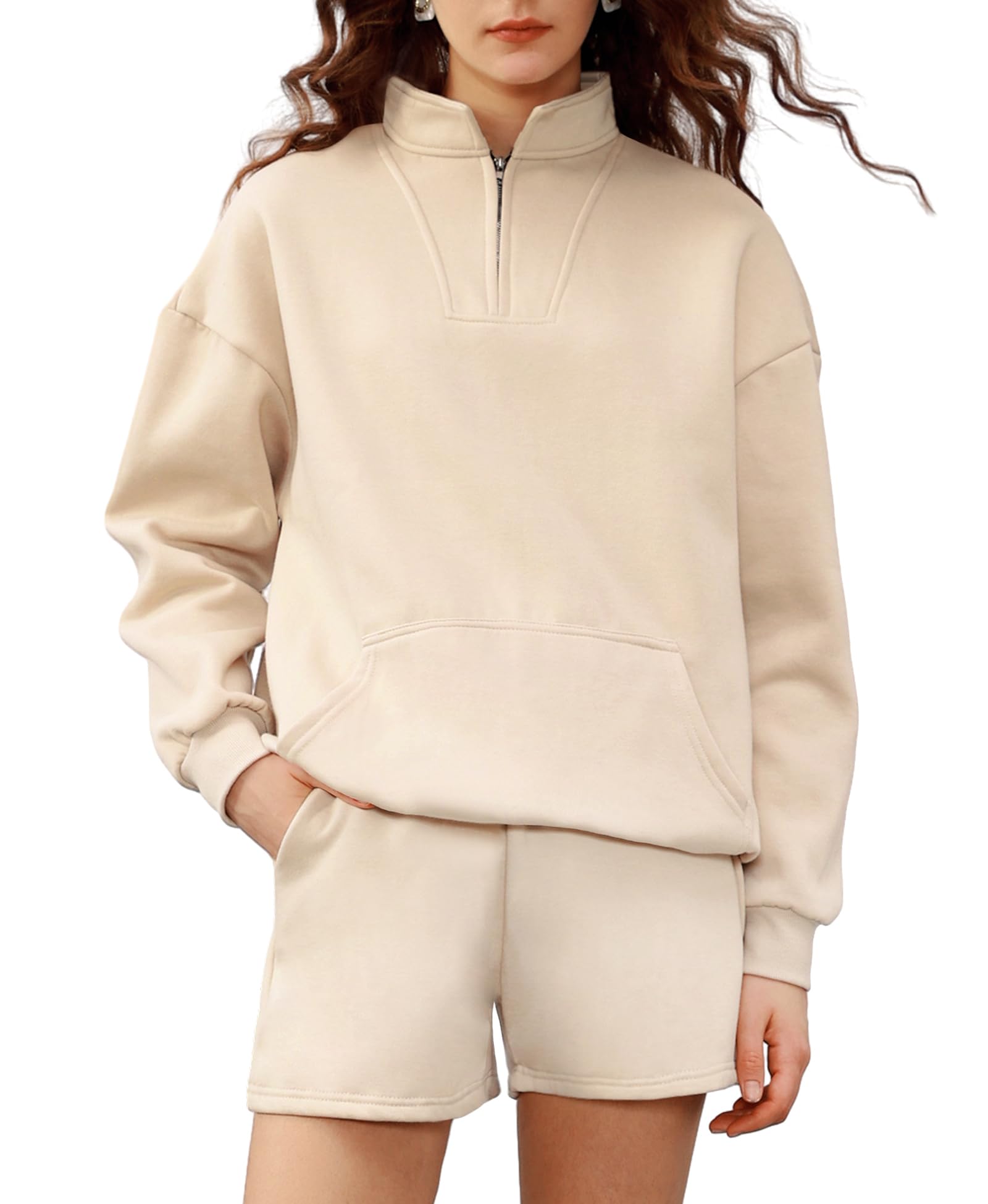 AliexWomen 2 Piece Outfits Sweatsuit Oversized Half Zip Collared Sweatshirt and Shorts Set Tracksuit Lounge Sets