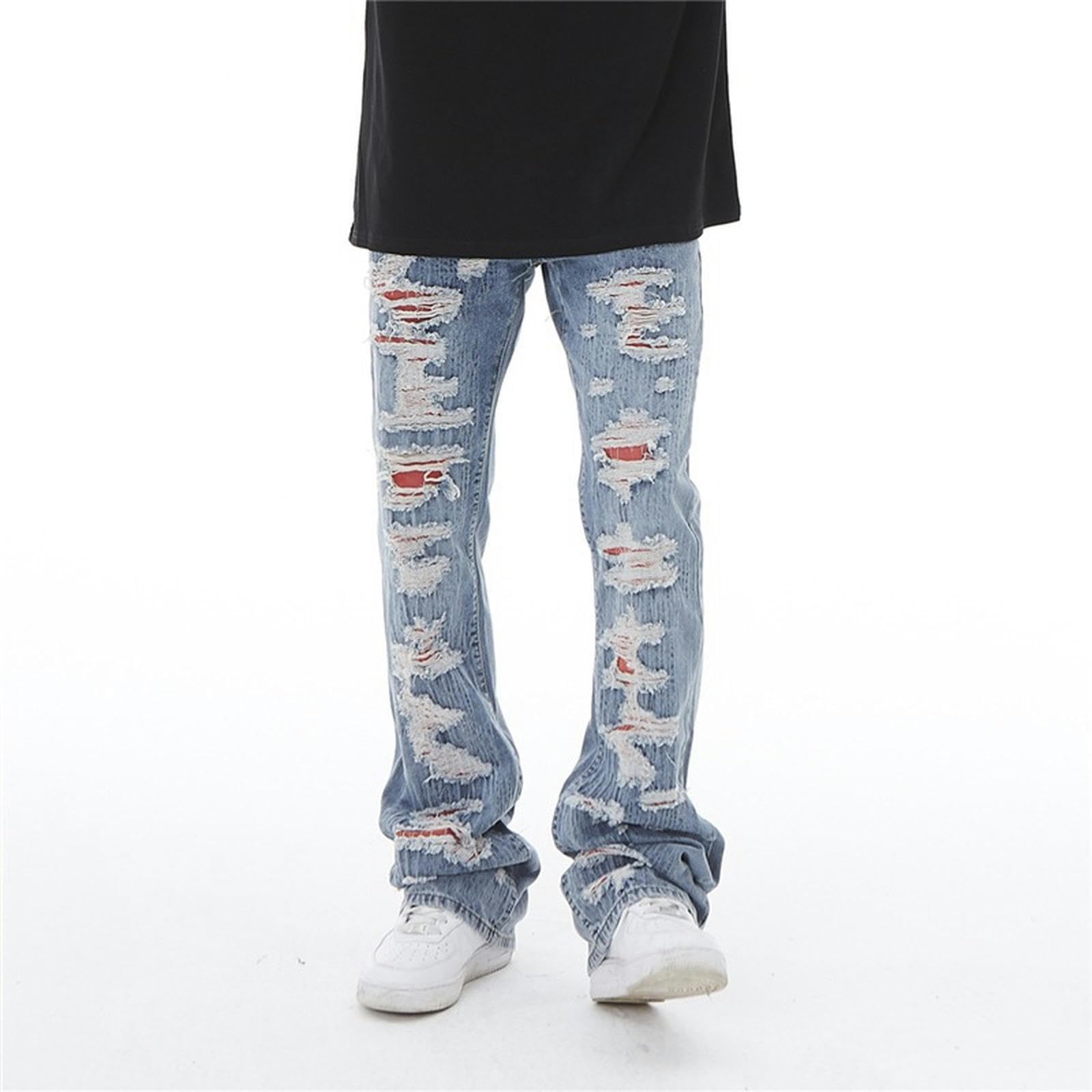 Jeans High Street Fake Hole da Uomo, Pantaloni Svasati con Bordo Grezzo - Blu - 3XL