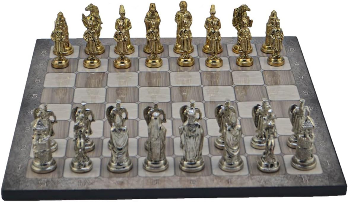 Metal Chess Sets for Adult Ottoman vs Byzantine Empire Figures,Handmade Pieces and Different Design Wooden Chess Board (Platin Oak)