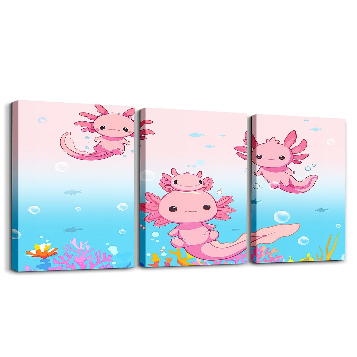 Feelyou Boys Girls Cute Axolotl Picture Wall Decor Ocean Sealife Canvas Wall Art for Living Room Bedroom Kids Cartoon Salamander Wall Painting Posters