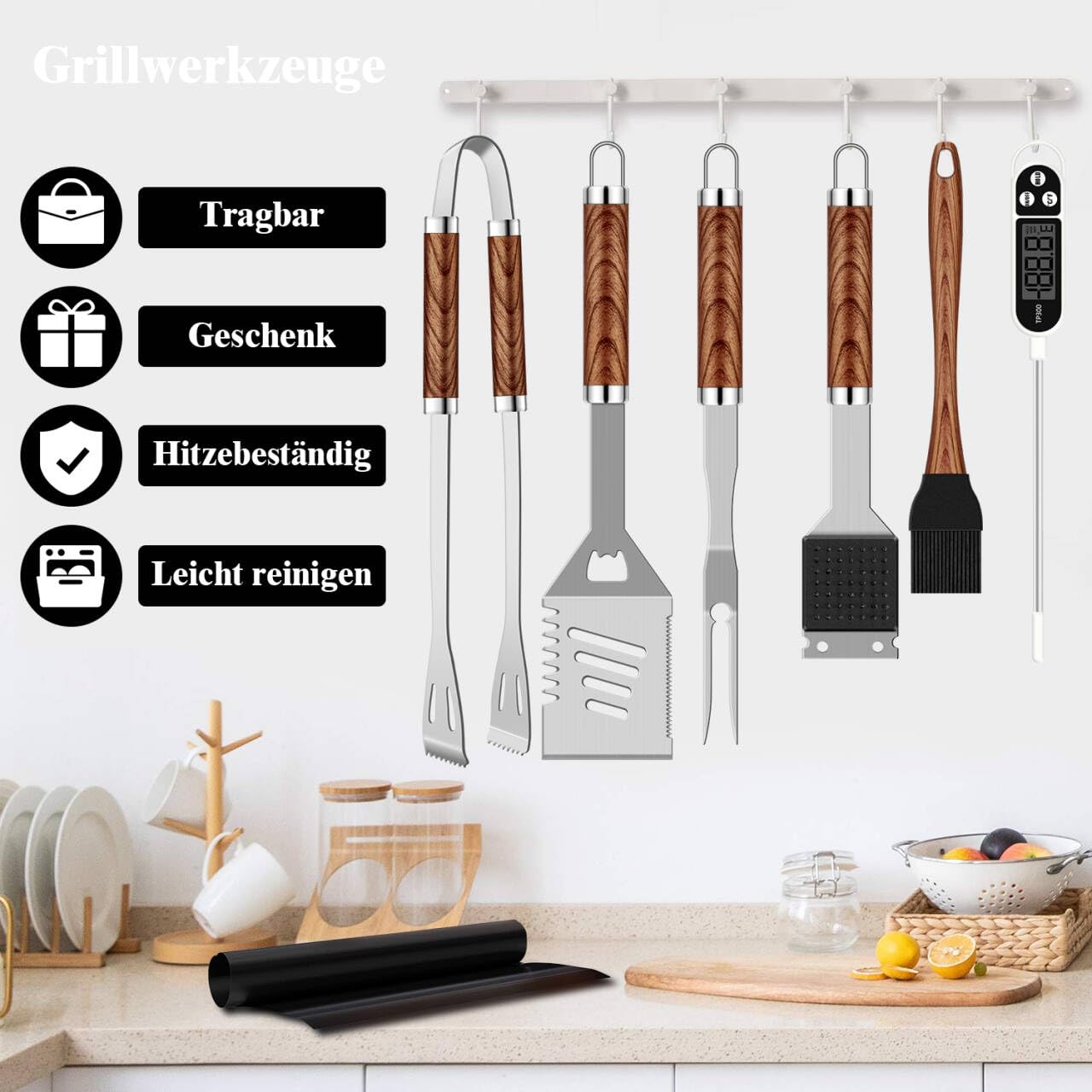 Grilliance 26 Stücke Edelstahl Grillzubehör Set Hochwertiger BBQ Grillbesteck Koffer Perfektes Grillwerkzeug Set für Männer Geschenk mit Tragbarer Aufbewahrungskoffer und Fleischthermometer Braun
