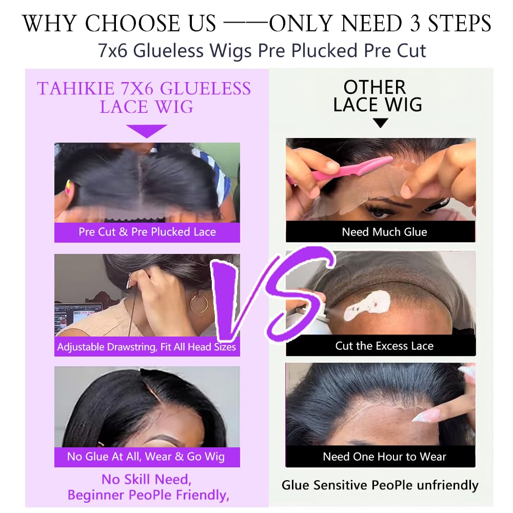7x6 Body Wave Glueless Wigs Human Hair Pre Plucked Pre Cut 250% Density Drawstring Wig Human hair 7x6 HD Lace Front Wigs Human Hair for Black Women Pre Everything Ready to Go Wig 32inch