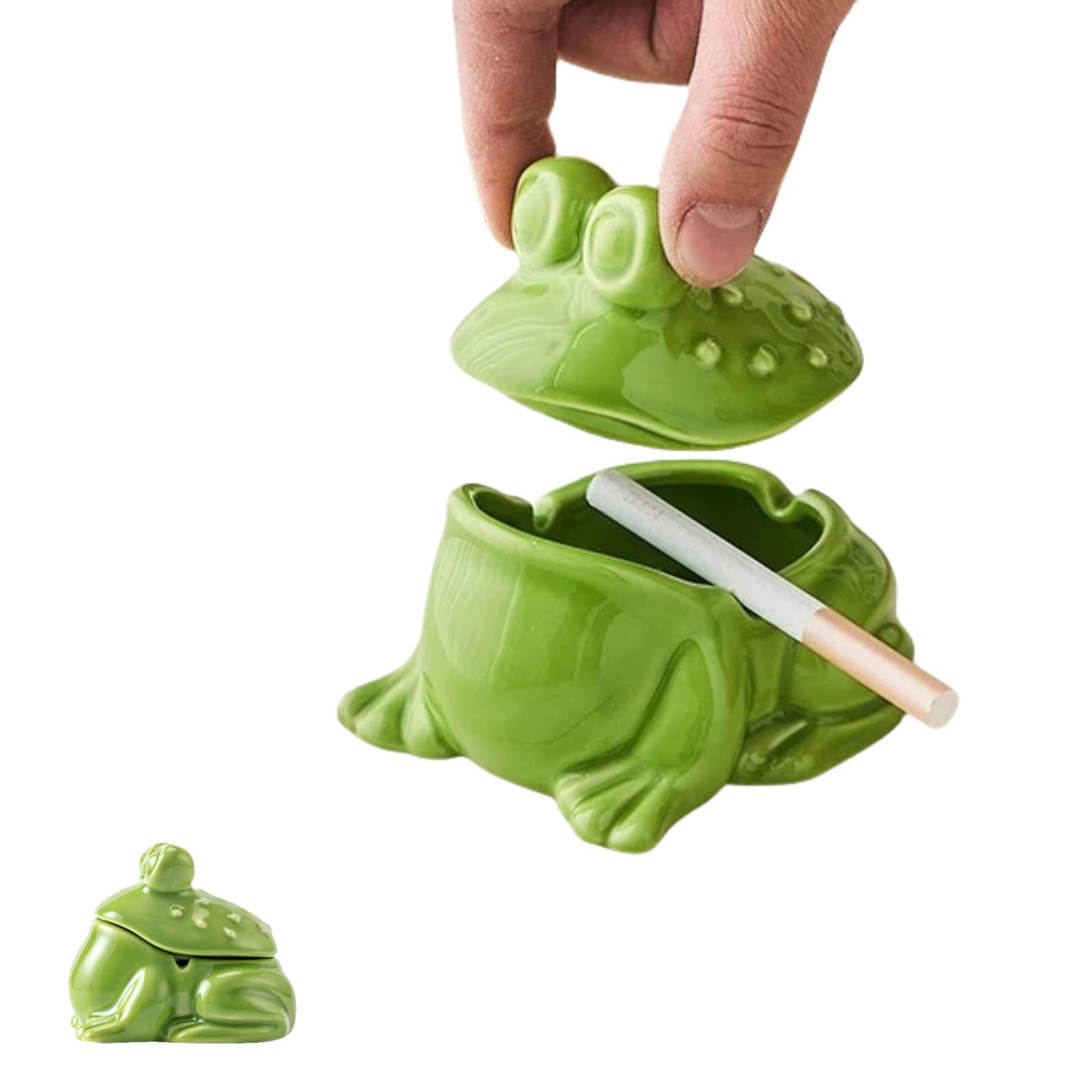 Cute Frog Ashtray with Lid for Cigarette Ceramic Green Windproof Ash Tray for Home Office Tabletop Outside Patio Outdoor-picture-19