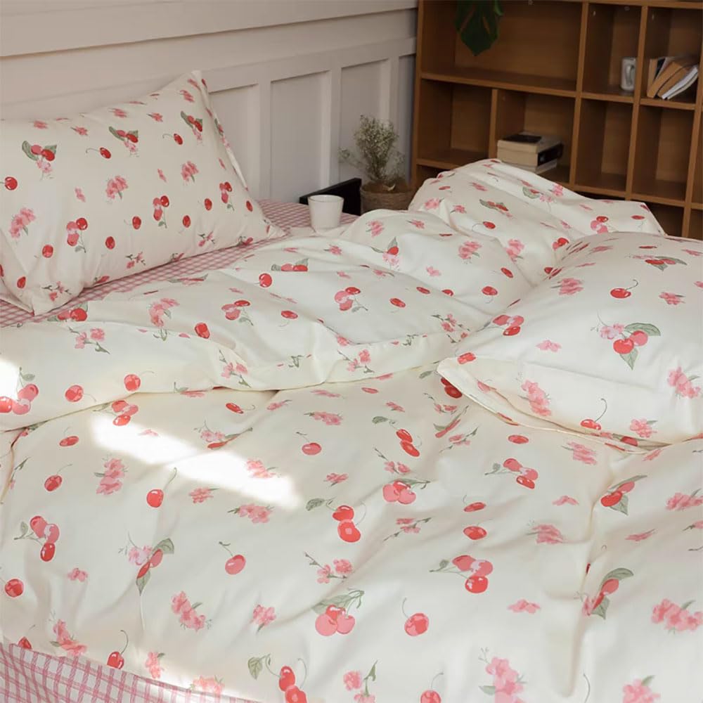 Covebett Double Bed Duvet Cover Sets Cotton Pink Flowers Floral and Red Cherry Print Bedding Set 3pcs Botanical Aesthetic Girls Women Quilt Cover 200x200 with Zipper Closure and 2 Pillowcases 50x75 cm — image 1